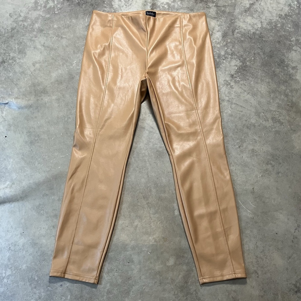 Nicole Miller Pants Womens Size XL Tan‎ Faux Leather High Waist Straight Leg